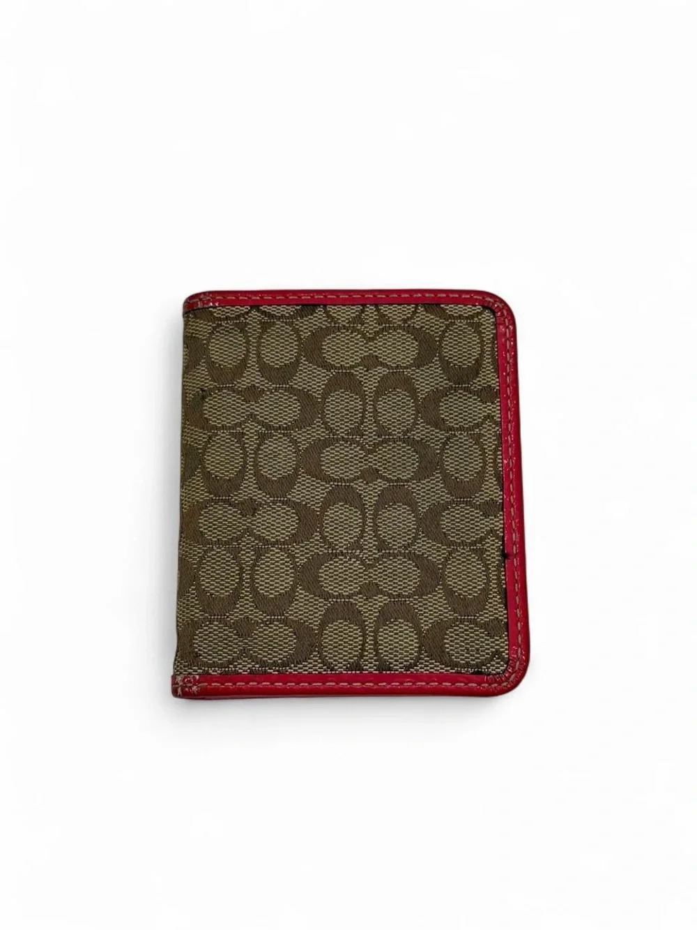 Coach Signature Canvas Card Holder Wallet in Brown with Red Trim